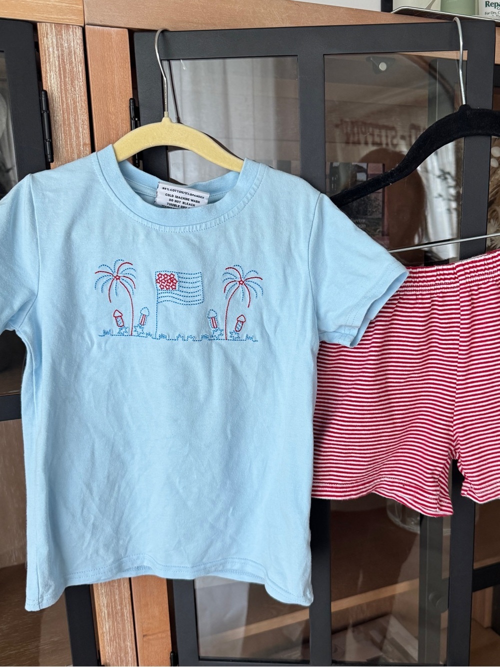America set Embroidered toddler boy 4th july flag short sleeve tee fireworks usa